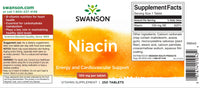 Thumbnail for A label for Swanson's Vitamin B-3 Niacin - 100 mg 250 tabs, promoting heart health and carbohydrate metabolism.