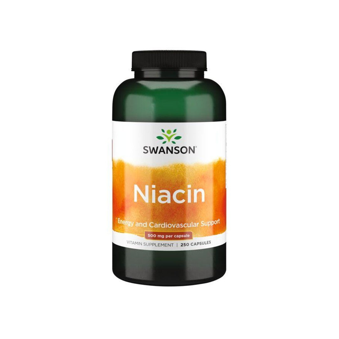 A bottle of Swanson Vitamin B-3 Niacin - 500 mg 250 capsules, essential for promoting healthy blood lipid levels and supporting cardiovascular health.