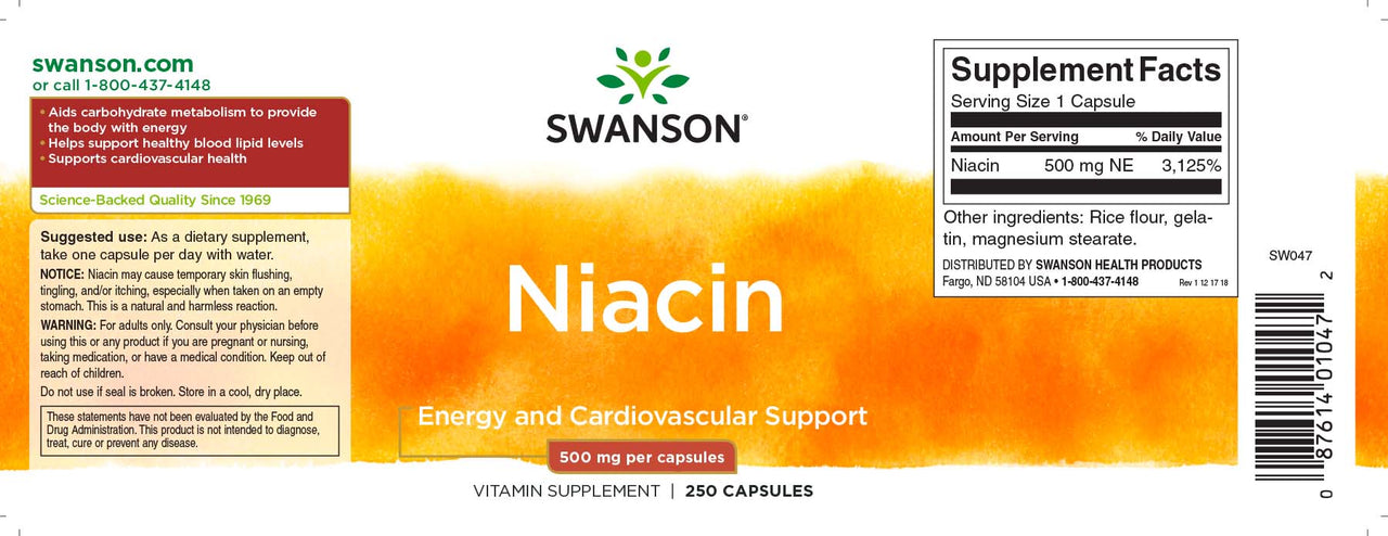 A label for Swanson Vitamin B-3 Niacin - 500 mg 250 capsules, promoting cardiovascular health and healthy blood lipid levels.