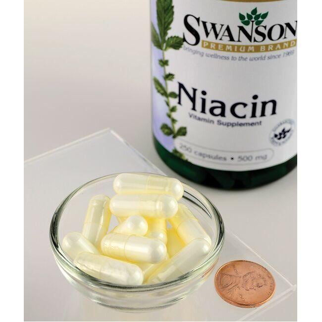 A bottle of Swanson's Vitamin B-3 Niacin - 500 mg 250 capsules next to a bowl, promoting cardiovascular health.