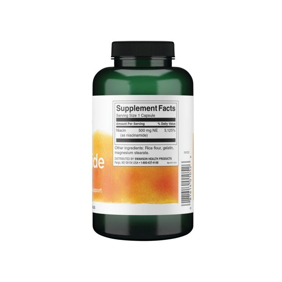A bottle of Swanson Vitamin B-3 Niacinamide - 500 mg 250 capsules promoting cardiovascular health on a white background.
