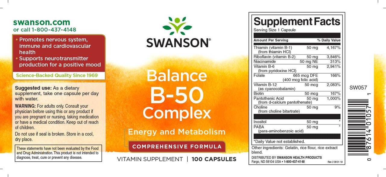 A label for Swanson Vitamin B-50 Complex - 100 capsules, promoting nervous system health and cardiovascular health.