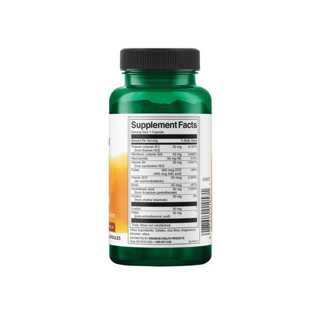 A bottle of Swanson Vitamin B-50 Complex - 100 capsules on a white background, promoting immune health.