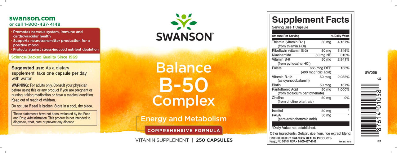Product Description: SEO for Swanson Vitamin B-50 Complex - 250 capsules Label.