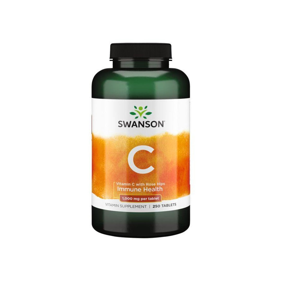 A bottle of Swanson Vitamin C with Rose Hips - 1000 mg 250 tabs with immune system support.