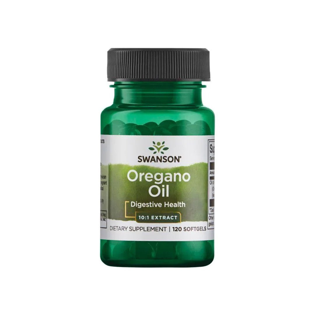 A bottle of Swanson Oregano Oil - 150 mg 120 softgel on a white background, promoting immune system and gastrointestinal health.