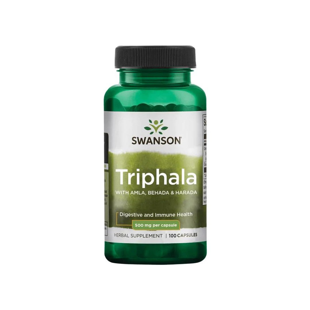 A dietary supplement bottle of Swanson Triphala with Amla, Behada & Harada - 500 mg 100 capsules, perfect for promoting a healthy digestive system.