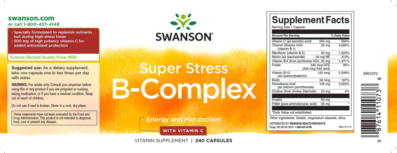 Swanson B-Complex with Vitamin C - 500 mg 240 capsules.