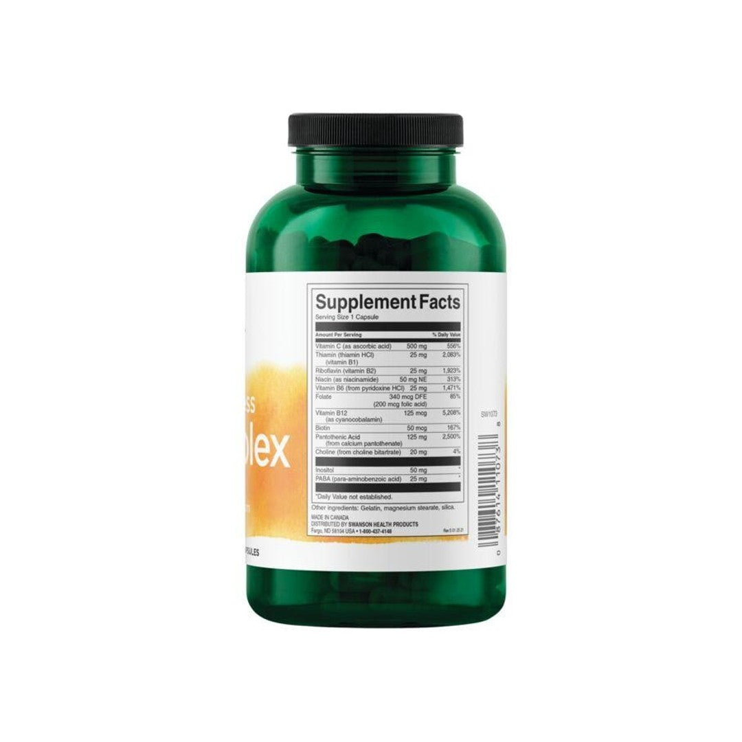 A bottle of B-Complex with Vitamin C - 500 mg 240 capsules by Swanson on a white background.