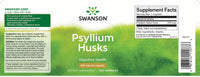 Thumbnail for The Swanson Psyllium Husks - 610 mg 300 capsules label provides important information about its high content of soluble fibre, making it an effective remedy for constipation. Additionally, the product's inclusion of keywords like 