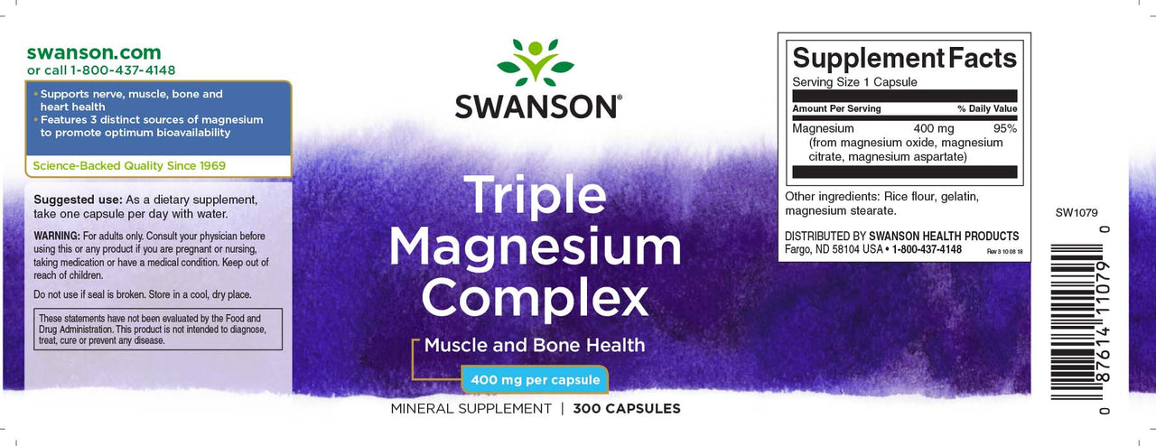 Swanson's Triple Magnesium Complex - 400 mg 300 capsules is a dietary supplement that promotes mental relaxation and provides high bioavailability of magnesium.