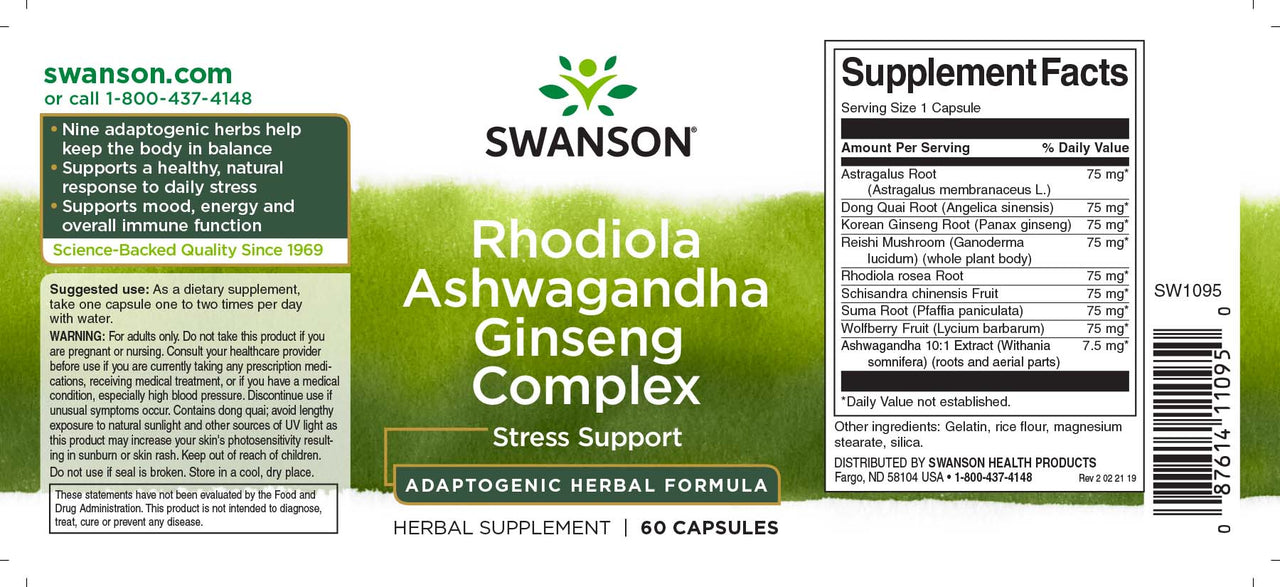 Swanson Adaptogenic Complex Rhodiola, Ashwagandha & Ginseng - 60 capsules.