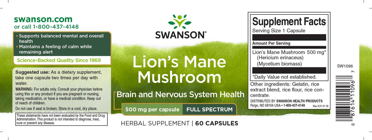 Lions Mane Mushroom - 500 mg 60 capsules - label