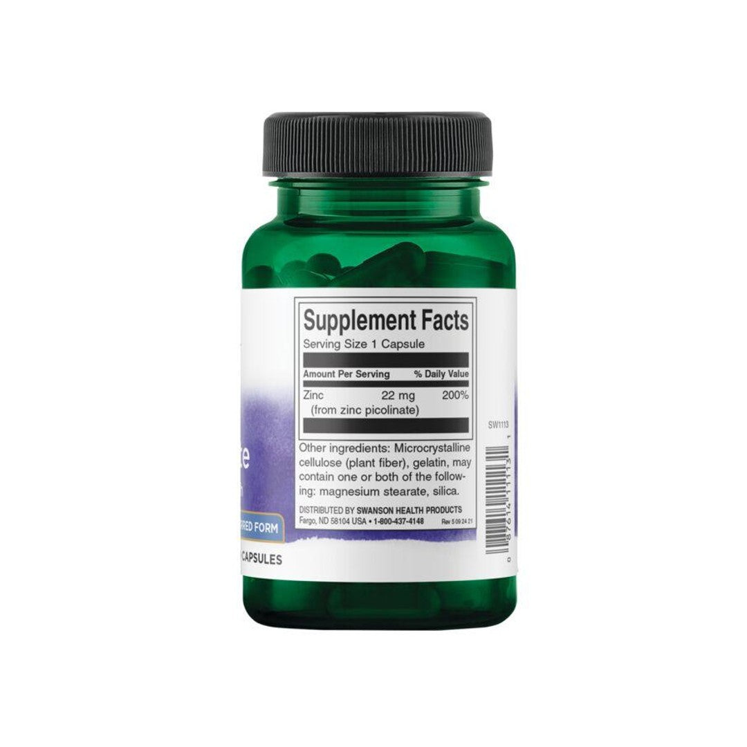 A bottle of Swanson Zinc Picolinate - 22 mg 60 capsules on a white background, promoting immune system health.