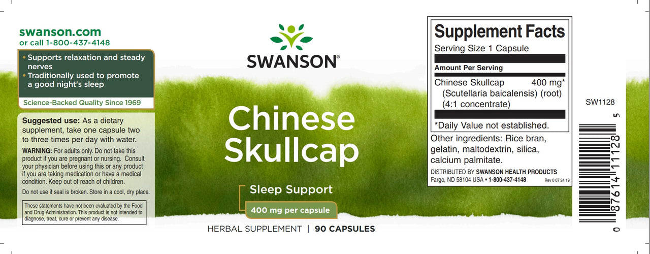 A green and white label for Chinese Skullcap - 400 mg 90 capsules by Swanson.