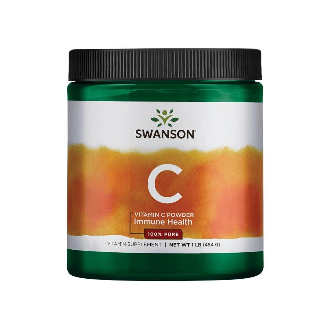 A jar of Swanson Vitamin C Powder - 454 grams on a white background.