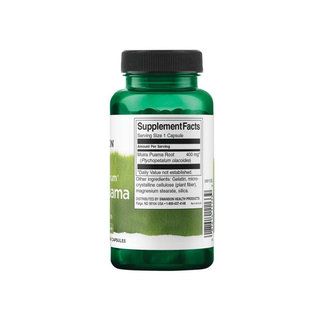 A bottle of Full Spectrum Muira Puama - 400 mg 90 capsules by Swanson on a white background.