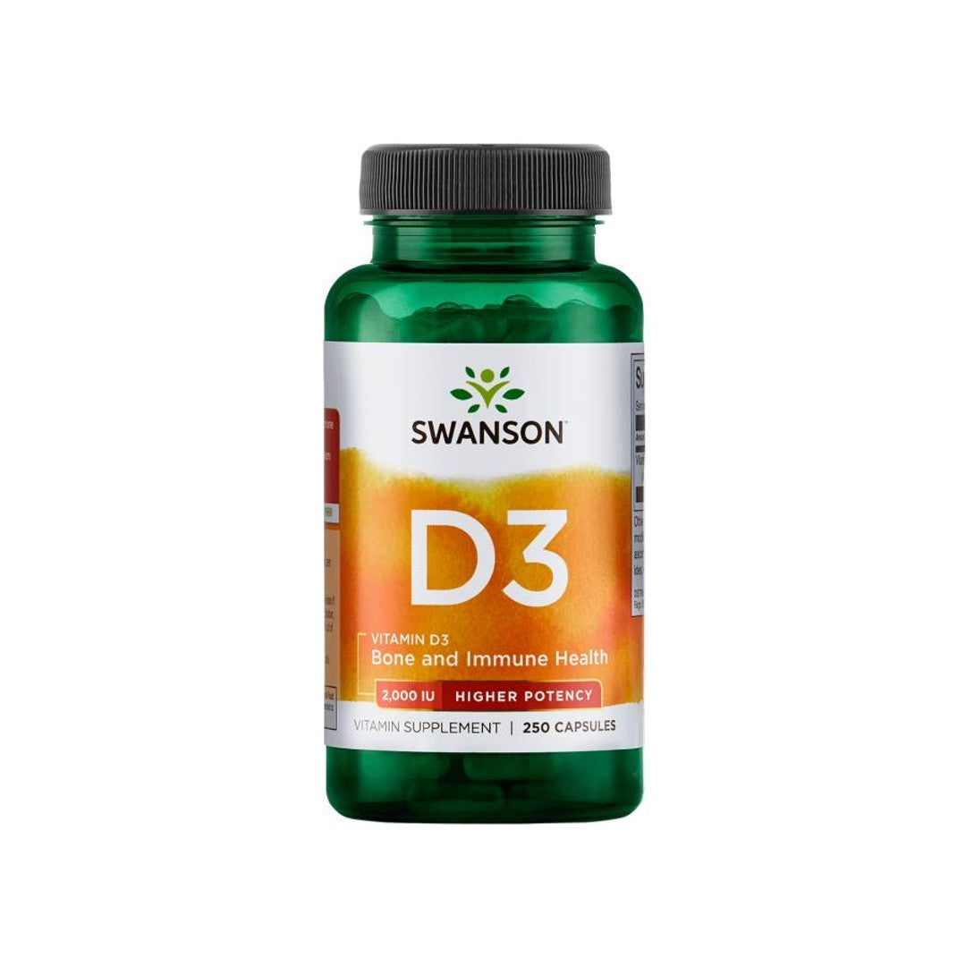 A bottle of Swanson Vitamin D3 - 2000 IU 250 capsules, promoting immune wellness and supporting calcium absorption for bone health.