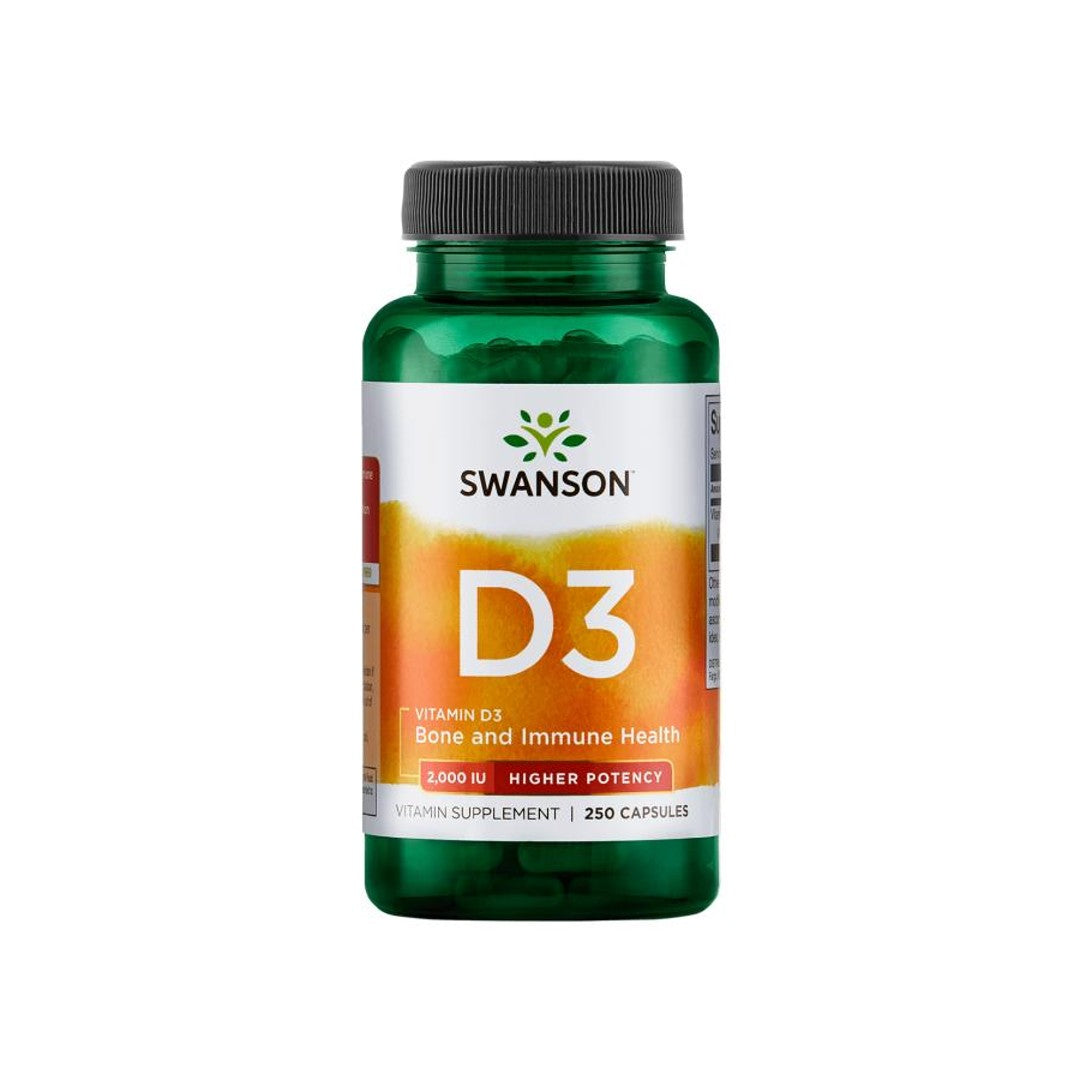 Swanson Vitamin D3 A bottle of Swanson Vitamin D3 - 2000 IU 250 capsules, promoting immune wellness and supporting calcium absorption for bone health.