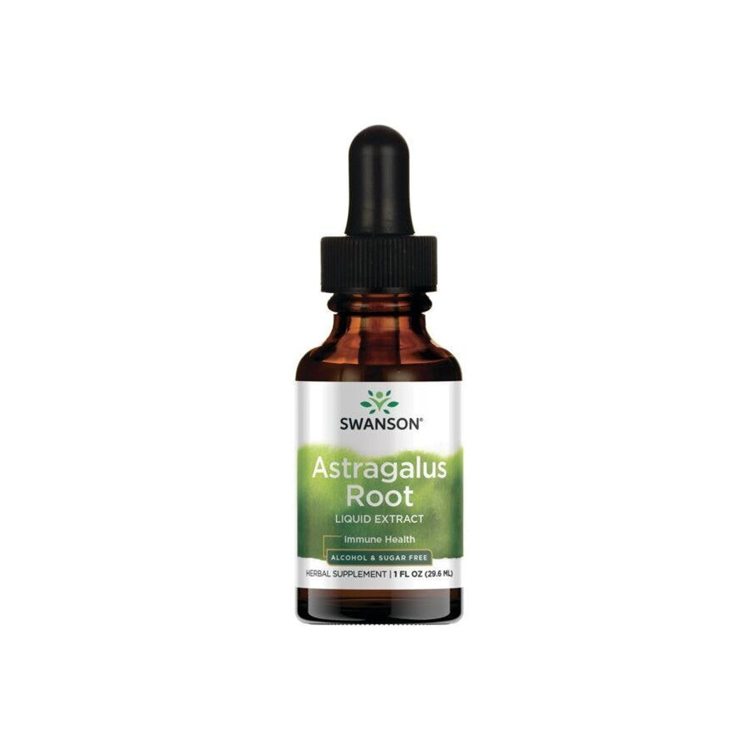 A bottle of Swanson Astragalus Root Liquid Extract - 29.6 ml liquid with a bottle of Swanson Astragalus Root Liquid Extract - 29.6 ml liquid.