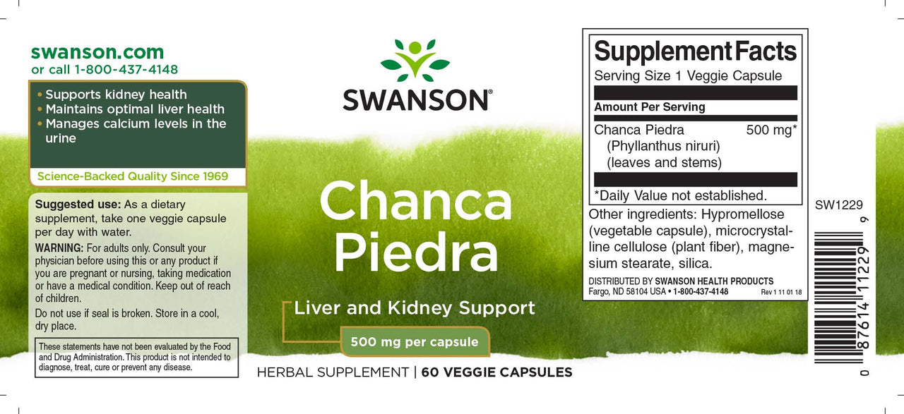 Swanson Chanca Piedra - 500 mg 60 vege capsules supplement label.