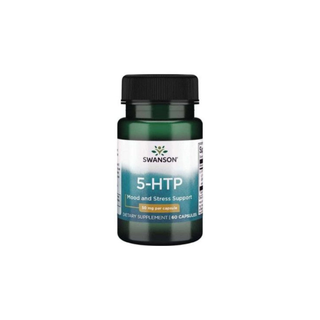 A bottle of Swanson 5-HTP Mood and Stress Support - 50 mg 60 capsules on a white background.