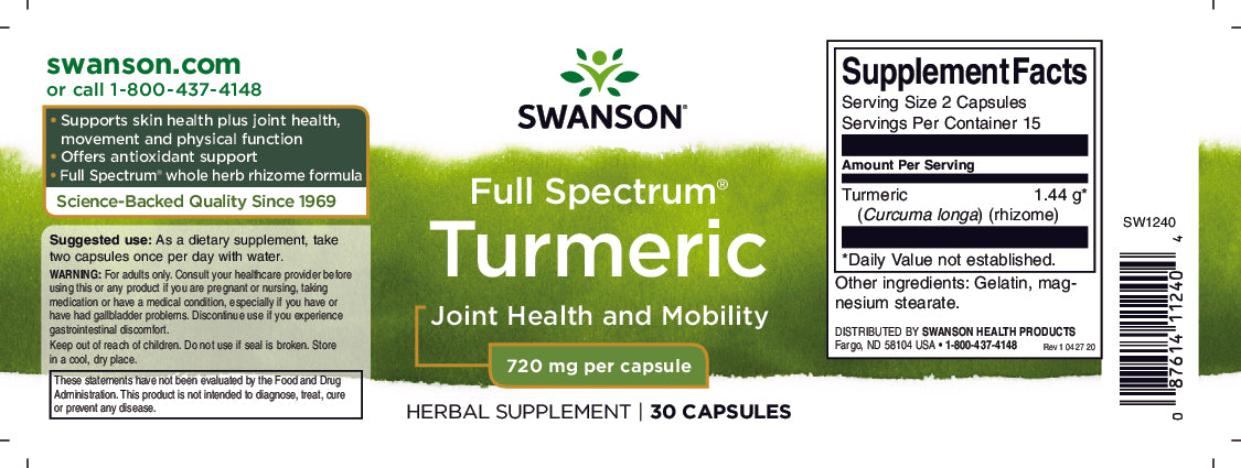 Swanson Turmeric - 720 mg 30 capsules is a dietary supplement that provides joint health and antioxidant support. Turmeric, known for its potent antioxidant properties, helps protect the body's cells from oxidative stress. By promoting