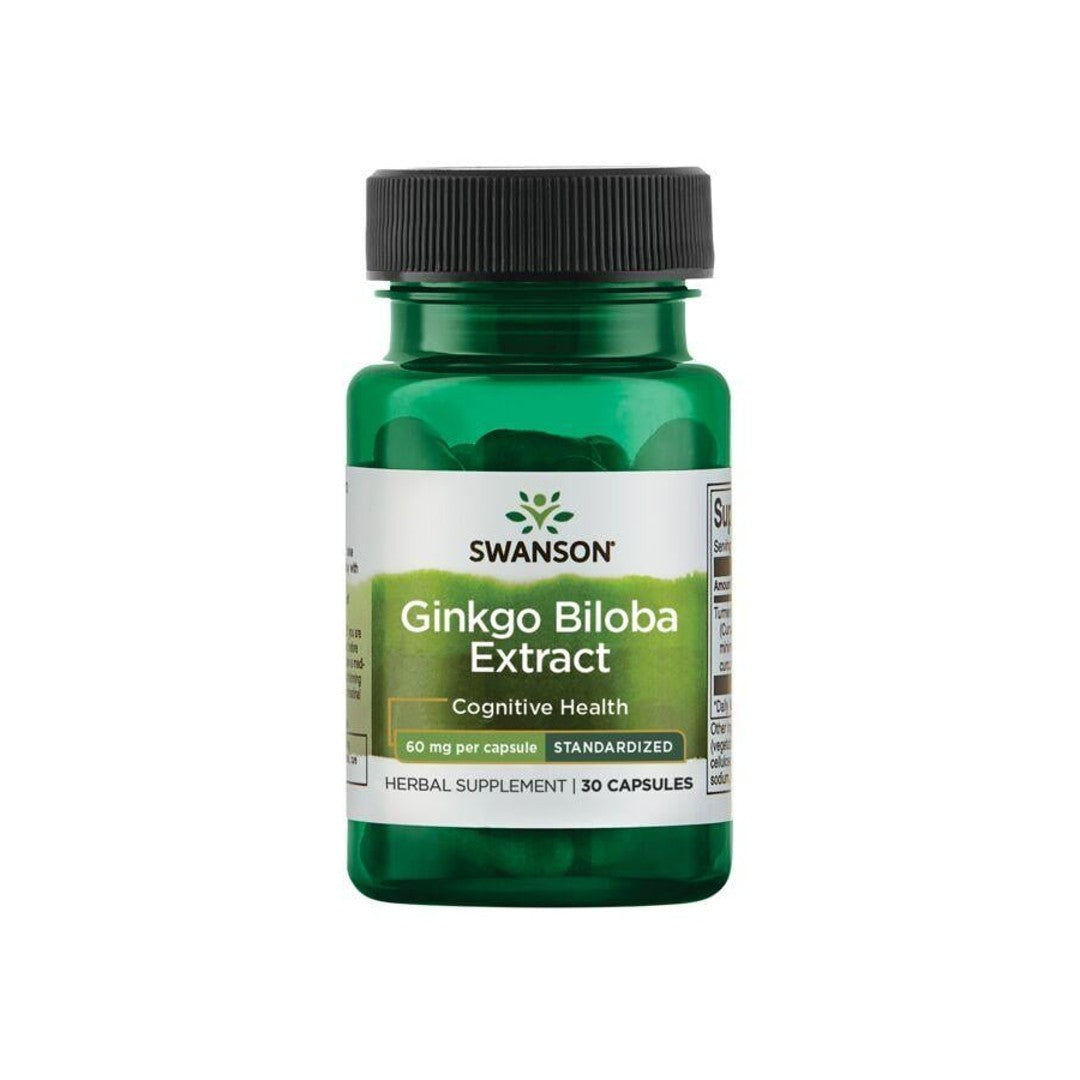 A bottle of Swanson Ginkgo Biloba Extract 24% - 60 mg 30 capsules on a white background.