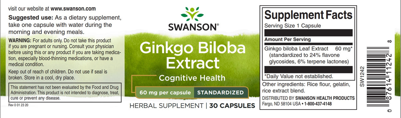 Swanson Ginkgo Biloba Extract 24% - 60 mg 30 capsules label.