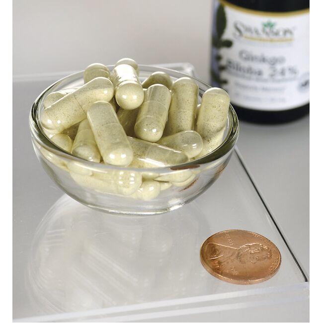 A bowl of Swanson's Ginkgo Biloba Extract 24% - 60 mg 30 capsules next to a penny.