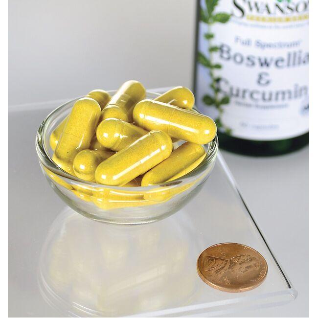 A penny sits beside a bowl filled with 60 capsules of Swanson's Boswellia and Curcumin dietary supplement.