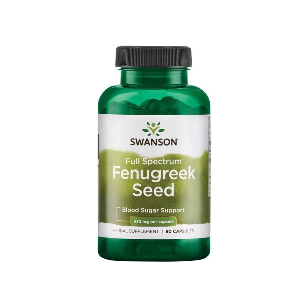 A bottle of Swanson's Fenugreek Seed - 610 mg 90 capsules.