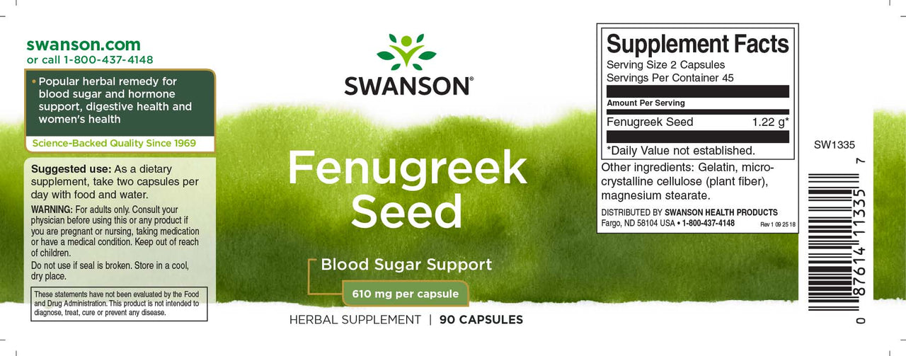 A label for Swanson Fenugreek Seed - 610 mg 90 capsules.