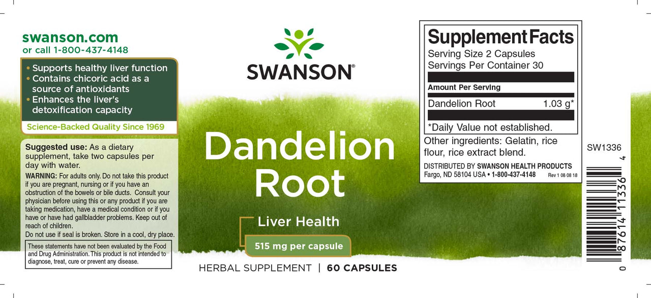 A label for Swanson Dandelion Root - 515 mg 60 capsules.