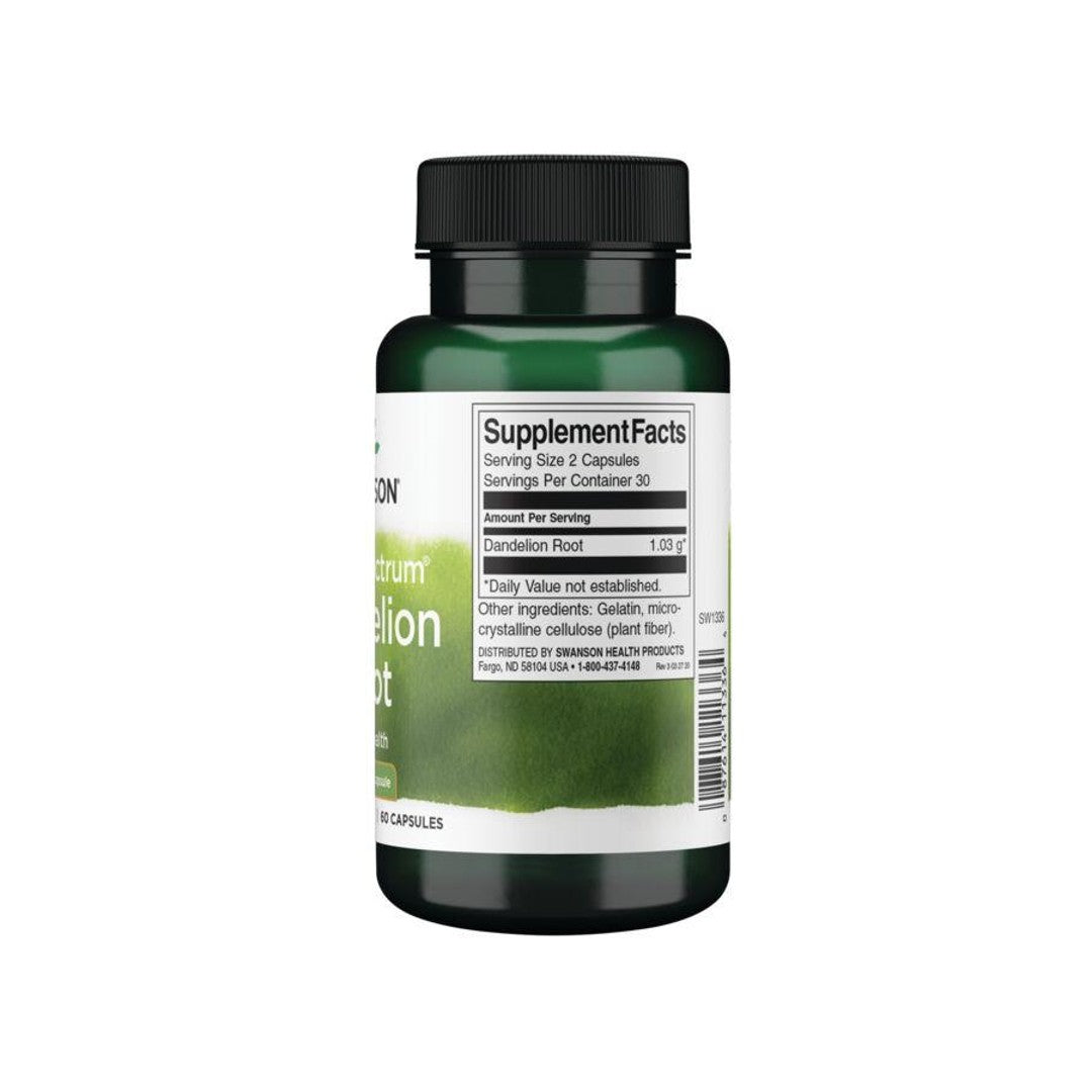 A bottle of Swanson Dandelion Root - 515 mg 60 capsules with green tea extract.