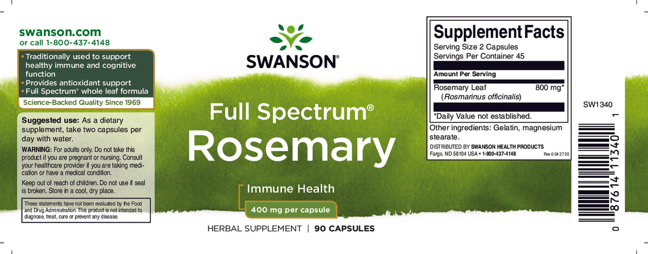 A label for Swanson Rosemary - 400 mg 90 capsules, an antioxidant for fighting free radicals.
