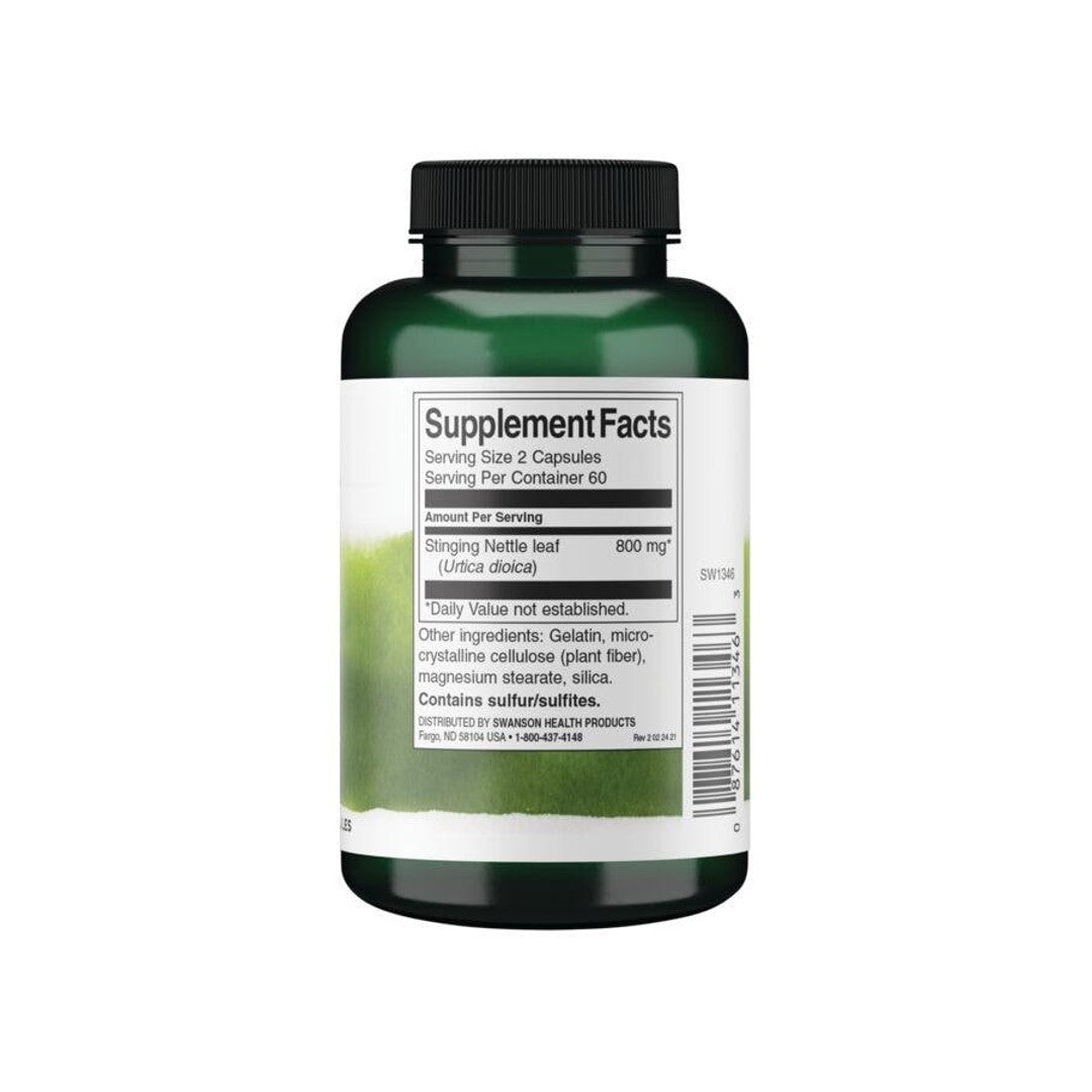 A bottle of Swanson Stinging Nettle Leaf - 400 mg 120 capsules with nutritional values on a white background.