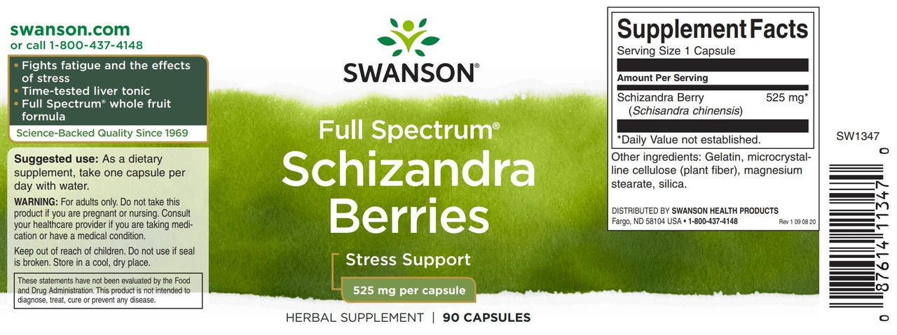 Swanson Schizandra Berries - 525 mg 90 capsules, a potent adaptogen and liver tonic.