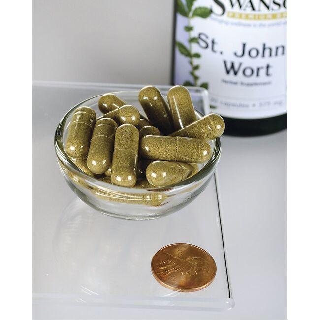 Swanson's St. John's Wort - 375 mg 120 caps in a glass bowl, promoting emotional wellbeing and mood regulation.