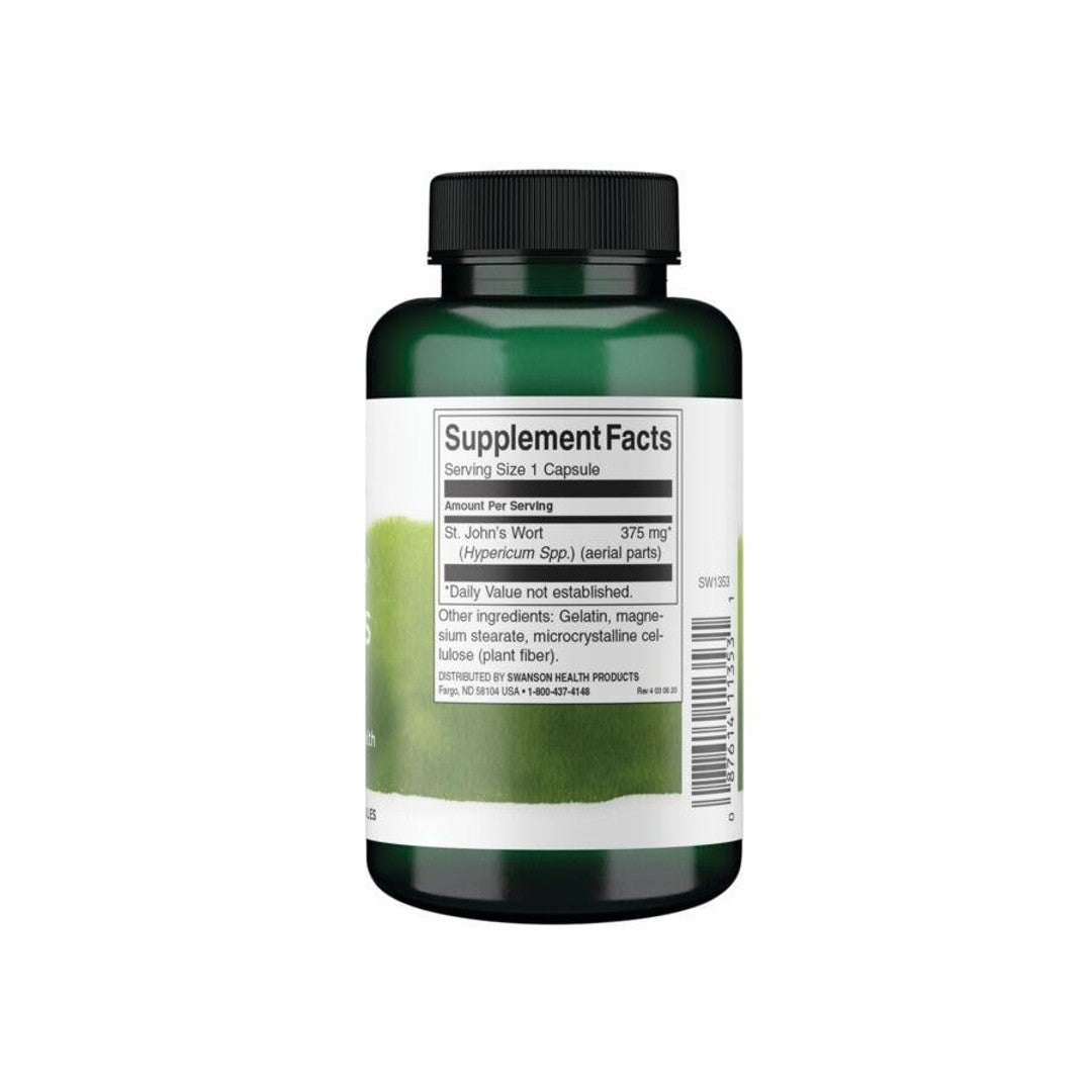A bottle of Swanson St. Johns Wort - 375 mg 120 caps, promoting emotional wellbeing and mood regulation, on a white background.