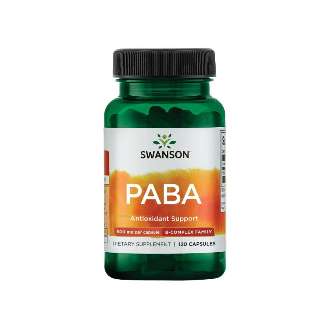 A bottle of Swanson PABA - 500 mg 120 capsules, known for its beneficial effects on red blood cell formation and skin health.