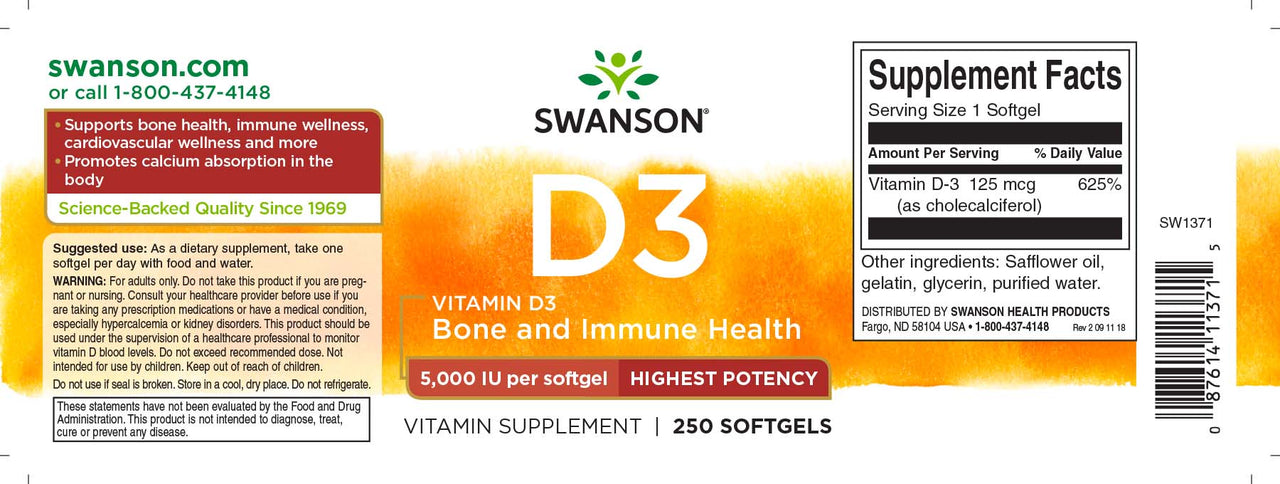 Vitamin D3 - 5000 IU 250 softgel - label