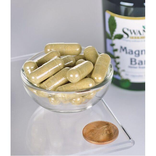 A glass bowl filled with Swanson's Magnolia Bark 400 mg 60 Capsules, aimed at promoting digestive health, next to a penny for scale.