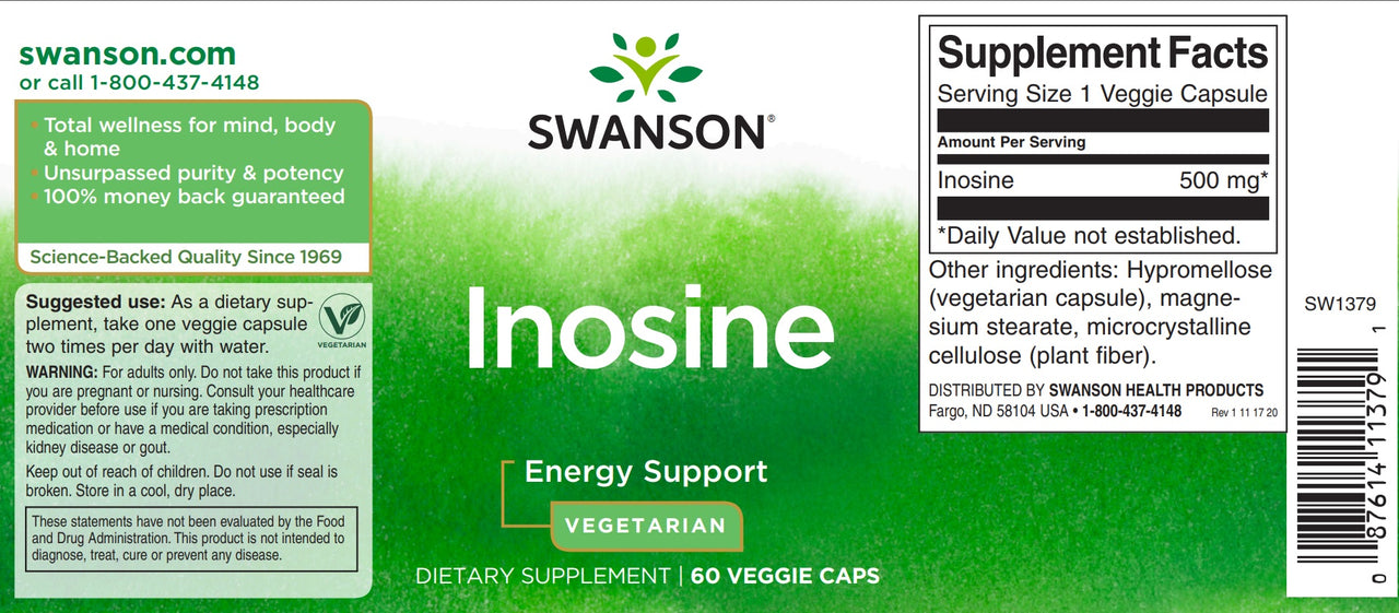 The label for Swanson Inosine - 500 mg 60 vege capsules.