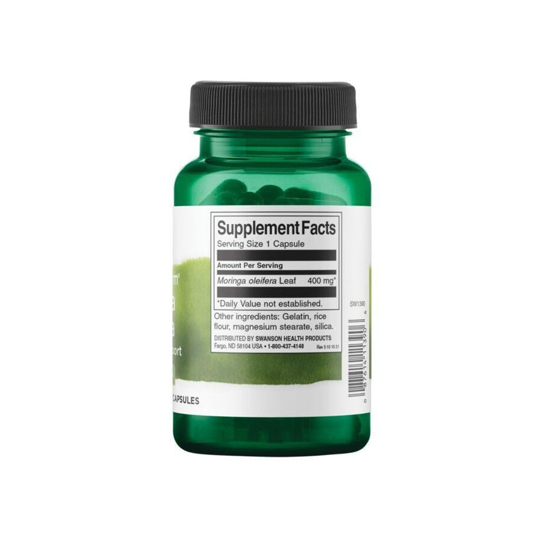 A bottle of Swanson Moringa Oleifera - 400 mg 60 capsules on a white background.