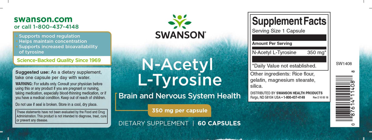 Swanson N-Acetyl L-Tyrosine - 350 mg 60 capsules is a dietary supplement that promotes improved absorption and concentration, while also supporting mood regulation.