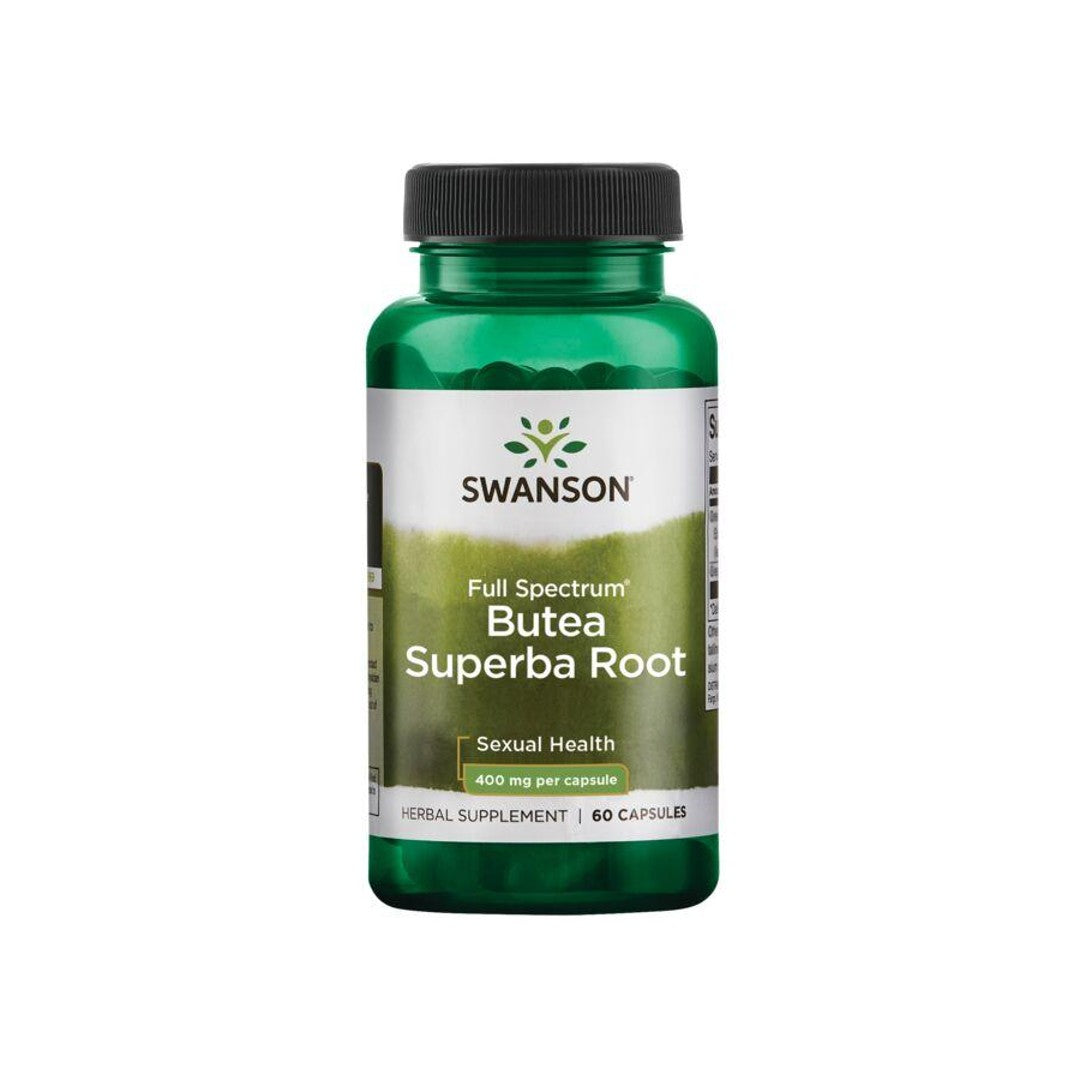 A dietary supplement bottle - 400 mg 60 capsules of Swanson's Butea Superba Root.