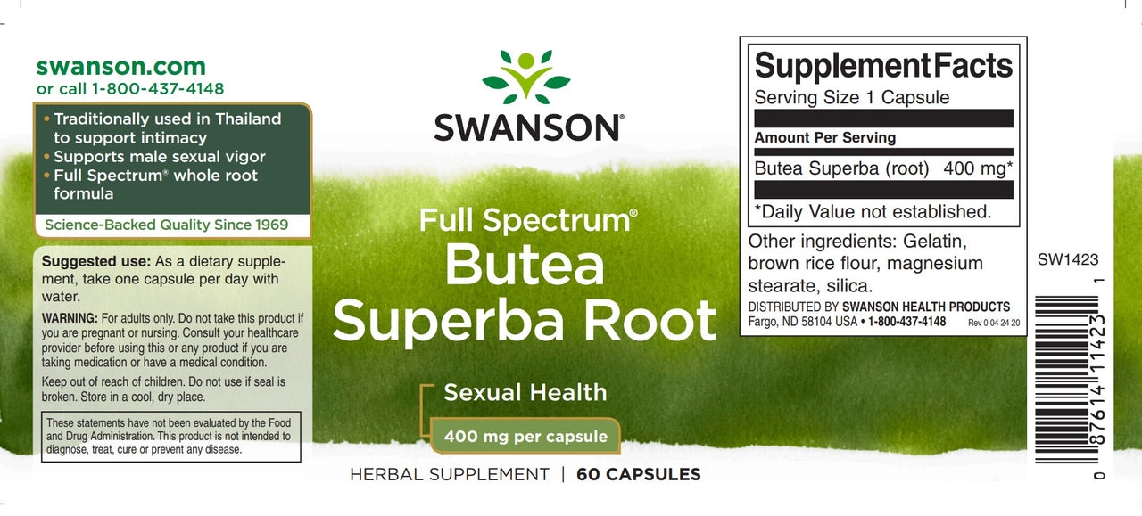 The dietary supplement label for Swanson's Butea Superba Root - 400 mg 60 capsules.