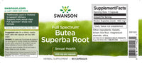 Thumbnail for The dietary supplement label for Swanson's Butea Superba Root - 400 mg 60 capsules.