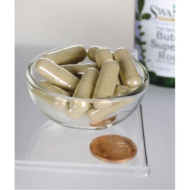 Swanson Butea Superba Root - 400mg dietary supplement capsules next to a penny in a bowl.
